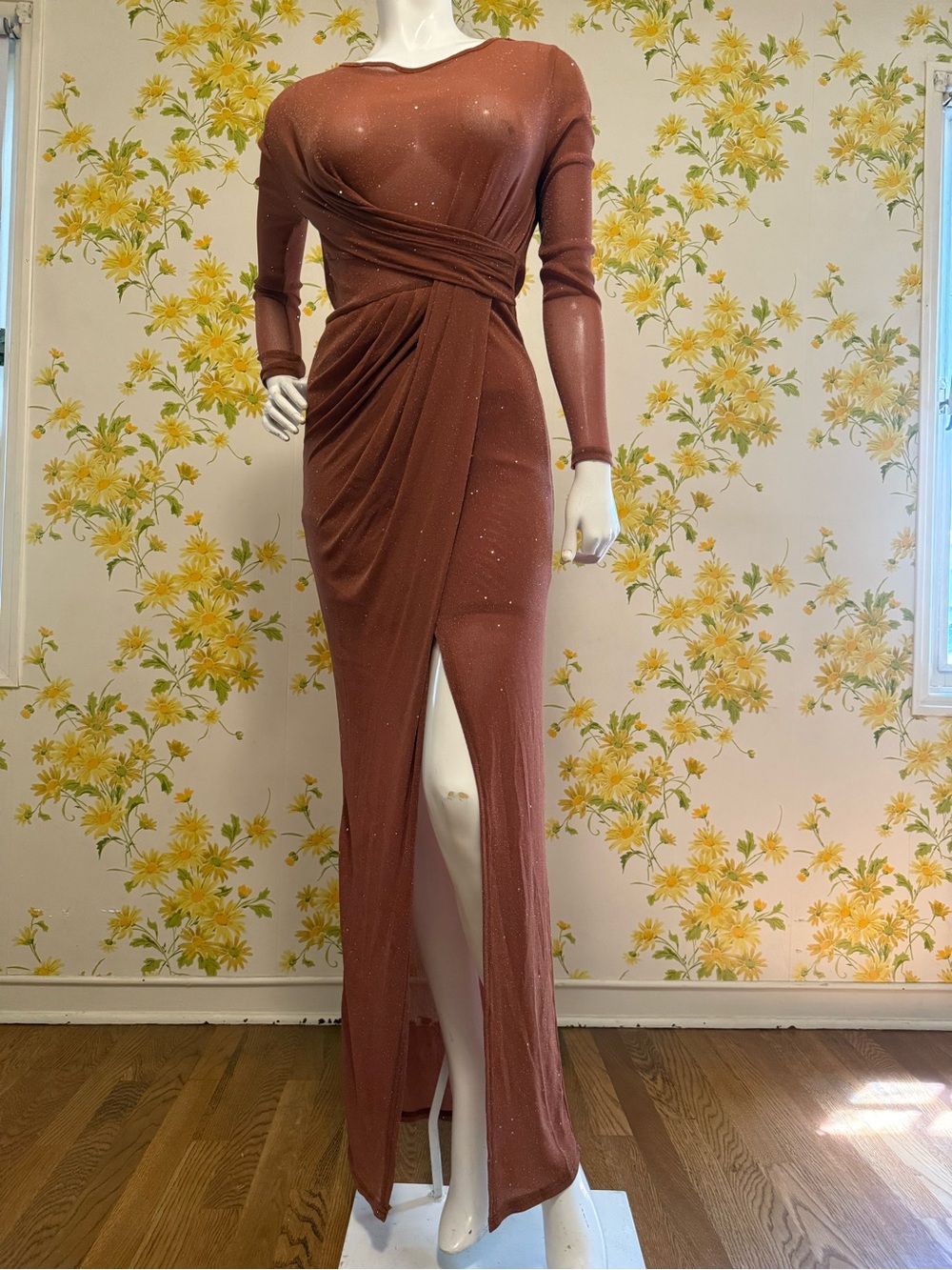 Long Sleeve mesh Maxi Dress with Front Slit - Rust / Brown